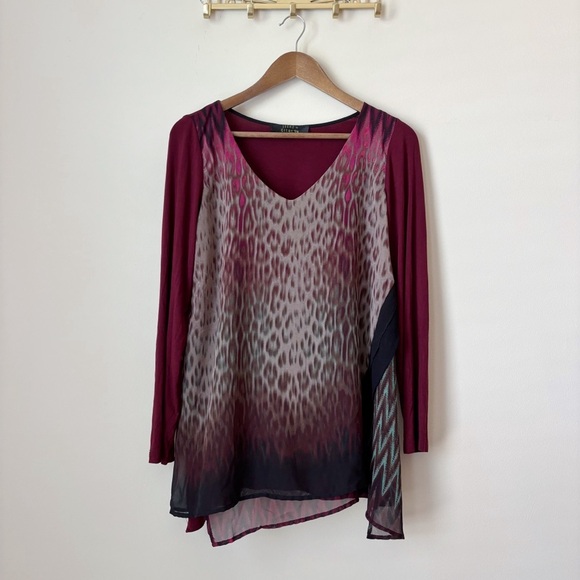 Poeme by Citron Leopard Print Layered Tunic Top Medium Burgundy Blouse - Picture 8 of 8